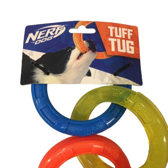 NERF DOG Tuff Tug 3 Ring Dog Pull Toy Yellow Orange Blue 4 1/2" Rings - Picture 2 of 3